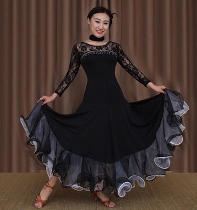 New lace long sleeve modern dance practice skirt modern dress square dance dress big swing skirt, Black
New lace long sleeve modern dance practice skirt modern dress square dance dress big swing skirt, Black