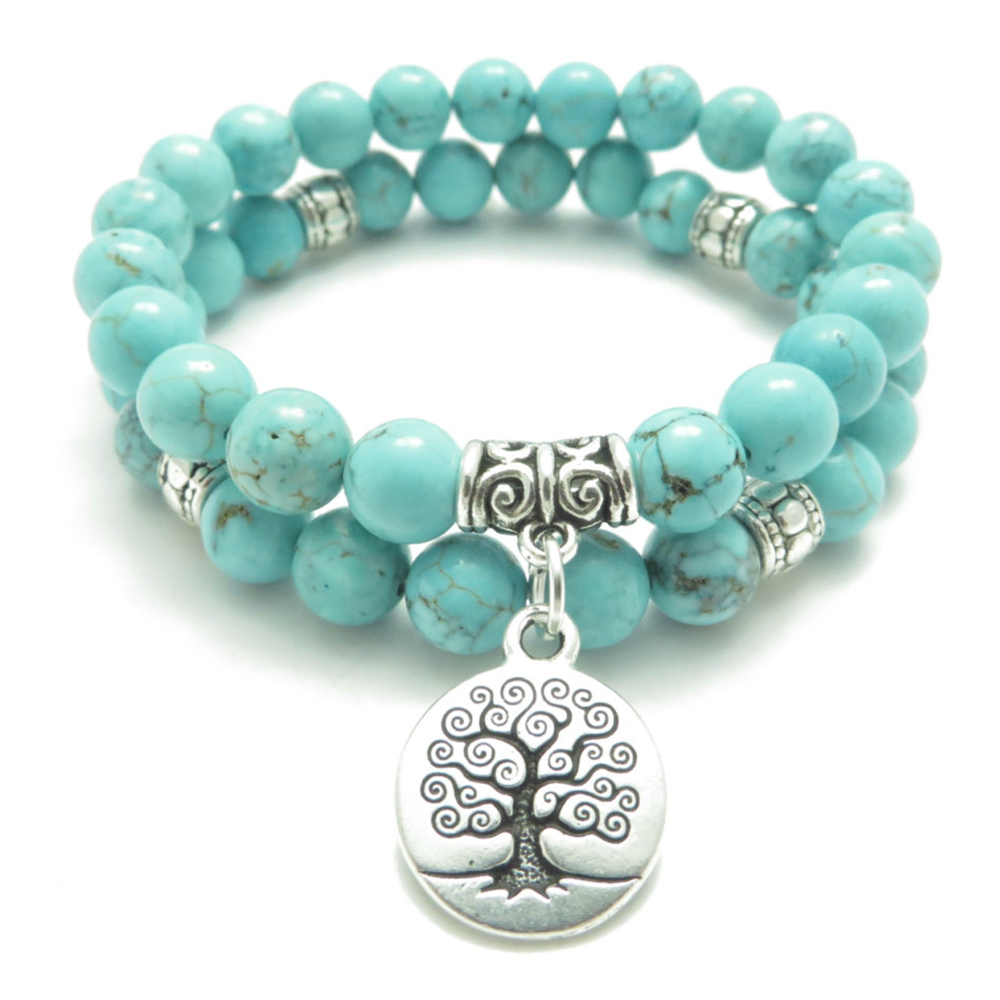 SN0643 Tree of Life Jewelry Yoga Mala Bracelet Turquoise Healing Protection Elastic Beaded Stacking Bracelet Spiritual Jewelry ps0