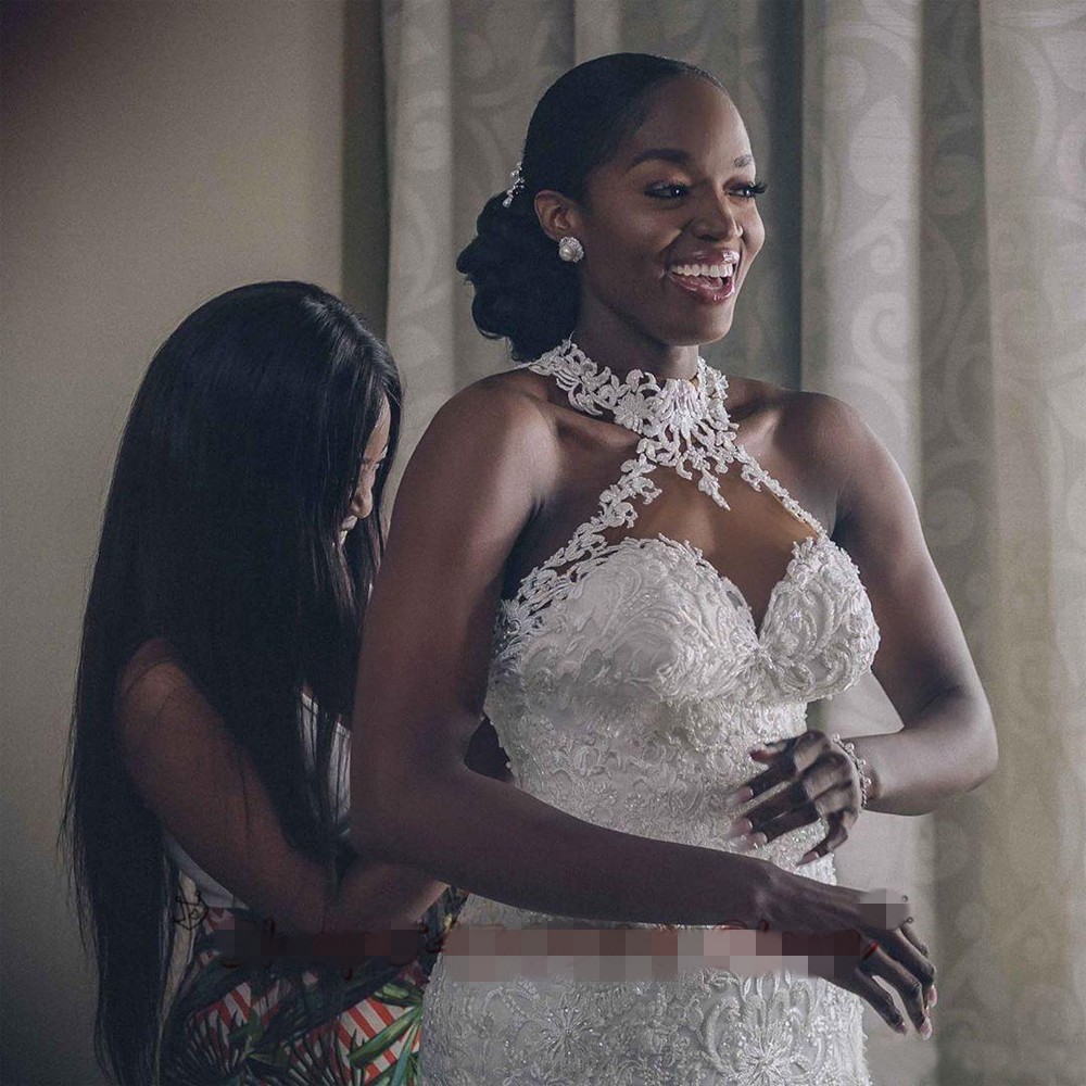 2020 Arabic Aso Ebi Vintage Lace Beaded Wedding Dresses Sheer halter Neck backless button Mermaid Bridal Dresses Sexy Cheap Wedding Gowns