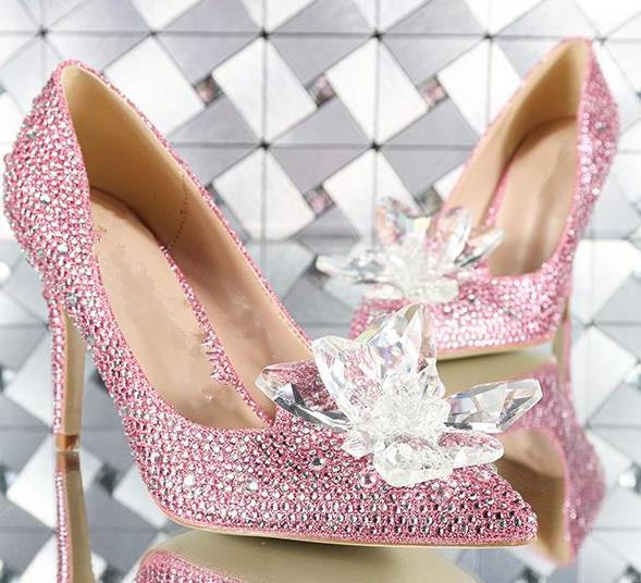 Top Grade Cinderella Crystal Shoes Bridal Rhinestone Wedding Shoes with Flower Genuine Leather Big Small Size 35-40