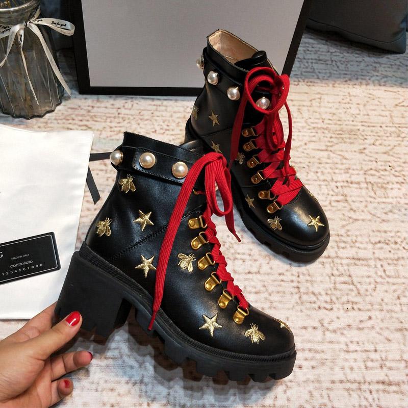 New Arrival Women Boots Sexy Thick Heel Desert Platform Boot Bee Star Genuine Leather Winter Shoe Size 35-41 e6, Black