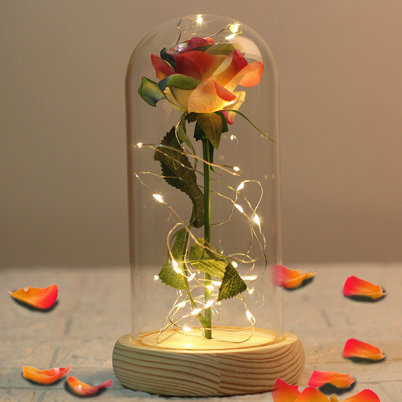 Romantic LED Lights Gold Rose In A Glass Dome for Wedding Valentine's Day 2.14 Gifts Flower for Girlfriend Wife Home Party Decor