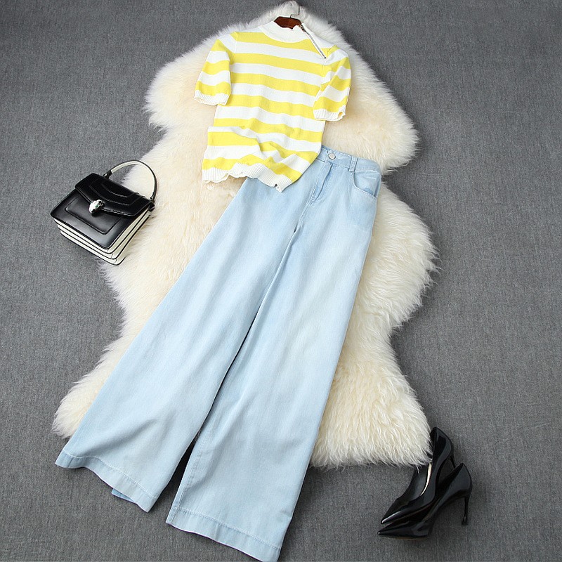 2020 Summer Short Sleeve Stand Neck Striped Knitted Panelled Top + Denim Wide Leg Jeans Trousers Pants Two Piece 2 Pieces Set LQ2511124, Multi
2020 Summer Short Sleeve Stand Neck Striped Knitted Panelled Top + Denim Wide Leg Jeans Trousers Pants Two Piece 2 Pieces Set LQ2511124, Multi