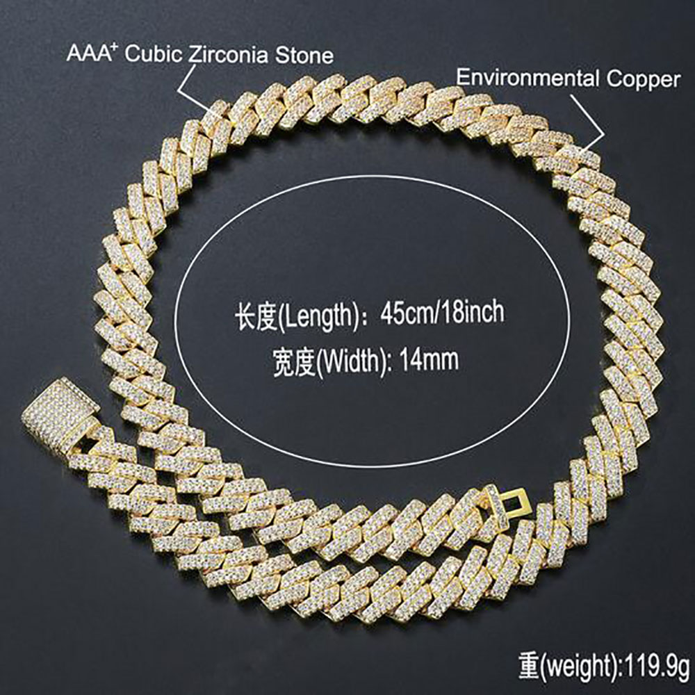 14mm Iced Cuban Link Prong Chain Necklace 14K White Gold Plated 2 Row Diamond Cubic Zirconia Jewelry 16inch24inch Cuban Chain