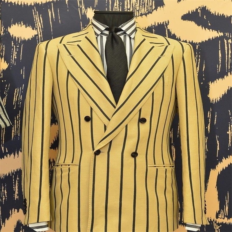 newest yellow stripe casual men coat double breasted formal men suits tuxedos custom made fit slim peaked lapel blazer suits
