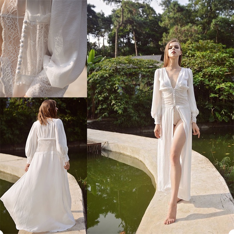 Hot Sale Chiffon And Lace Bridal Sleepwear With Long Sleeves Ankle-length Pajamas Ruched Custom Made Newest Wedding Nightgown