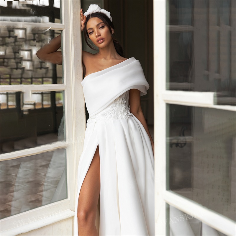 sexy sidesplit wedding dresses oneshoulder big bow appliqued lace a line wedding gown sleeveless custom made long robes de marie