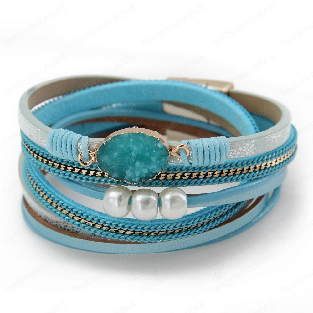 HOT SALE 6 Colors Mens Leather Bracelet with Magnetic Clasp Multi-Layer Braided Bracelet Couple Pearl Bracelet
