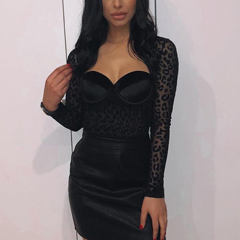 Nadafair Mesh Leopard Mesh Bodysuit Black Sexy Bodysuit For Women Square Collar Long Sleeve Bodysuits Body Female T200323