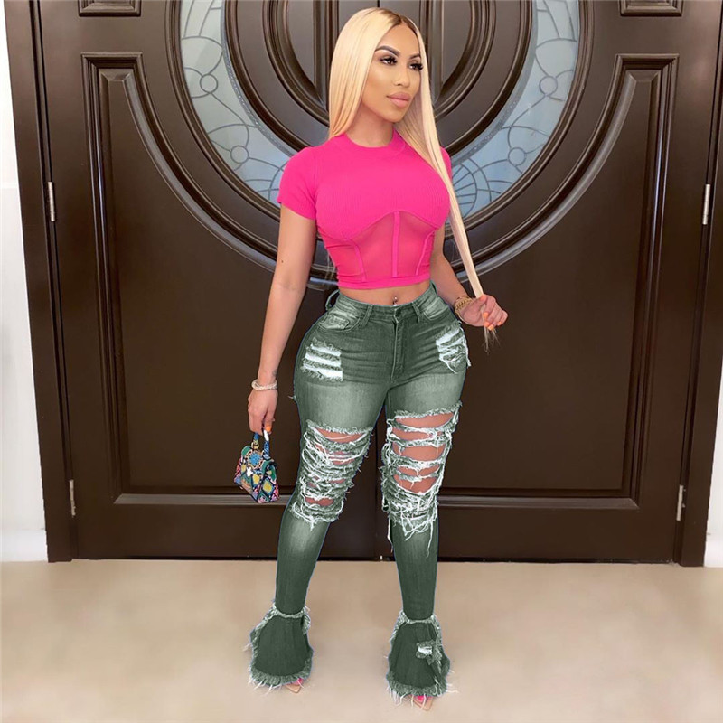 2020 New Stacked Jeans Casual Flare Jeans Plus Size Pants Flare Bottom Women Fashion Ripped Denim