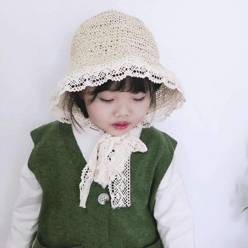 COKK Summer Hats For Girls Straw With Lace Ribbon Bow Kids Baby Girl Bucket Handmade Children Sun Beach Vacation Y200619