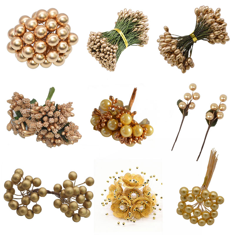 Decorative Flowers & Wreaths Gold Artificial Flower Fruit Stamens Cherry Stamen Berries Bundle DIY Cake Christmas Wedding Gift Box Decor