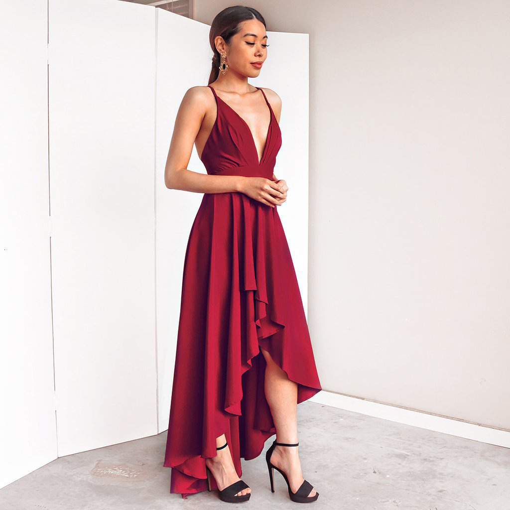 Burgundy Dress For Party Elegant A Line Deep V Neck Spaghetti Strap High Low Sexy Bridesmaid Dresses With Cross Back Evening Dress