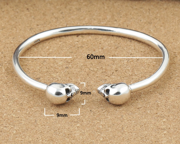 925 sterling silver handmade jewelry antique silver American European designer skull bangle bracelets for men punk style free shipping