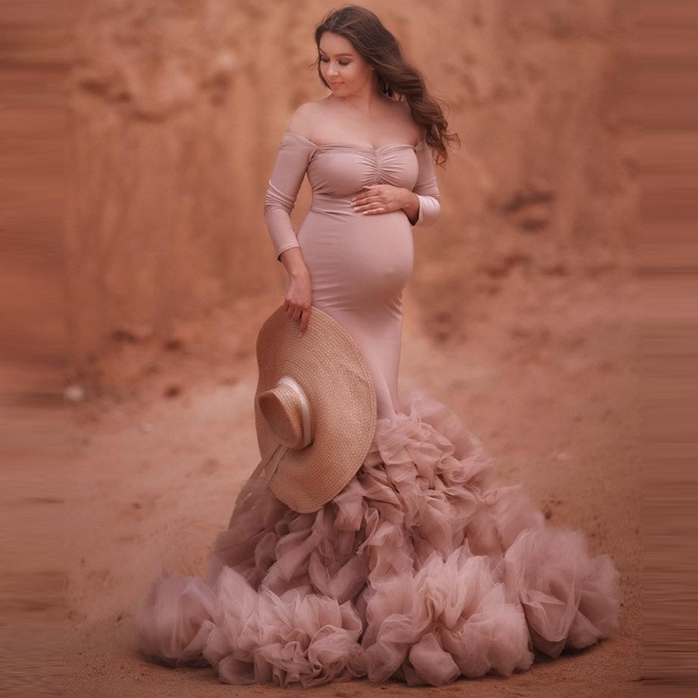 Elegant Off Shoulder Mermaid Prom Dress Tulle Women Maternity Fluffy Tulle Dress Custom Made Women Ruffled Dress Plus Size