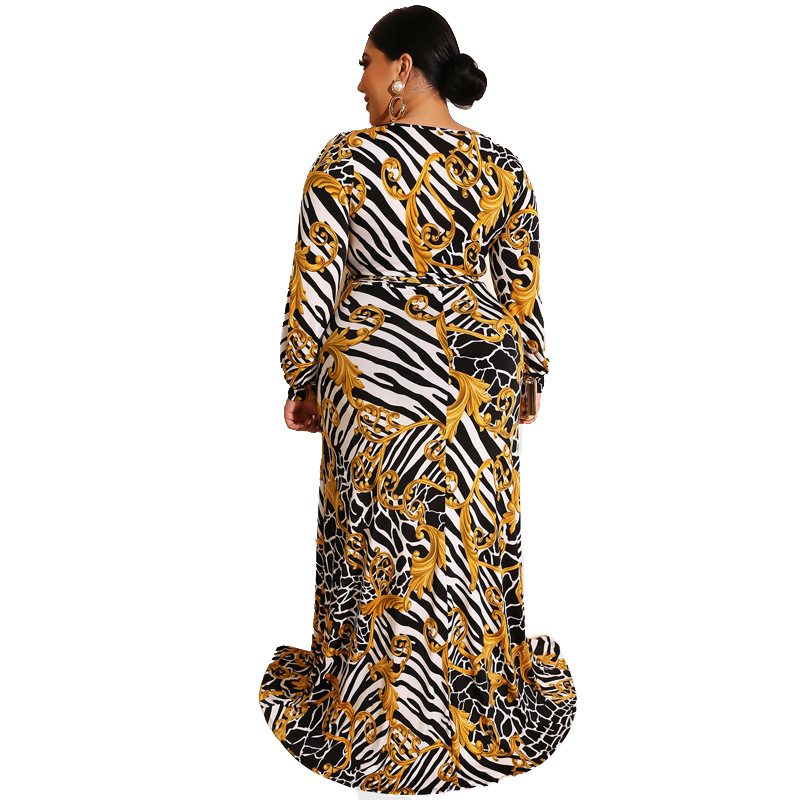Plus Size 2020 Lagre Dress Tight-Fitting Sexy Bag Hip High-split Women Dress Long Sleeves Printed Long Women's Dress Cheap