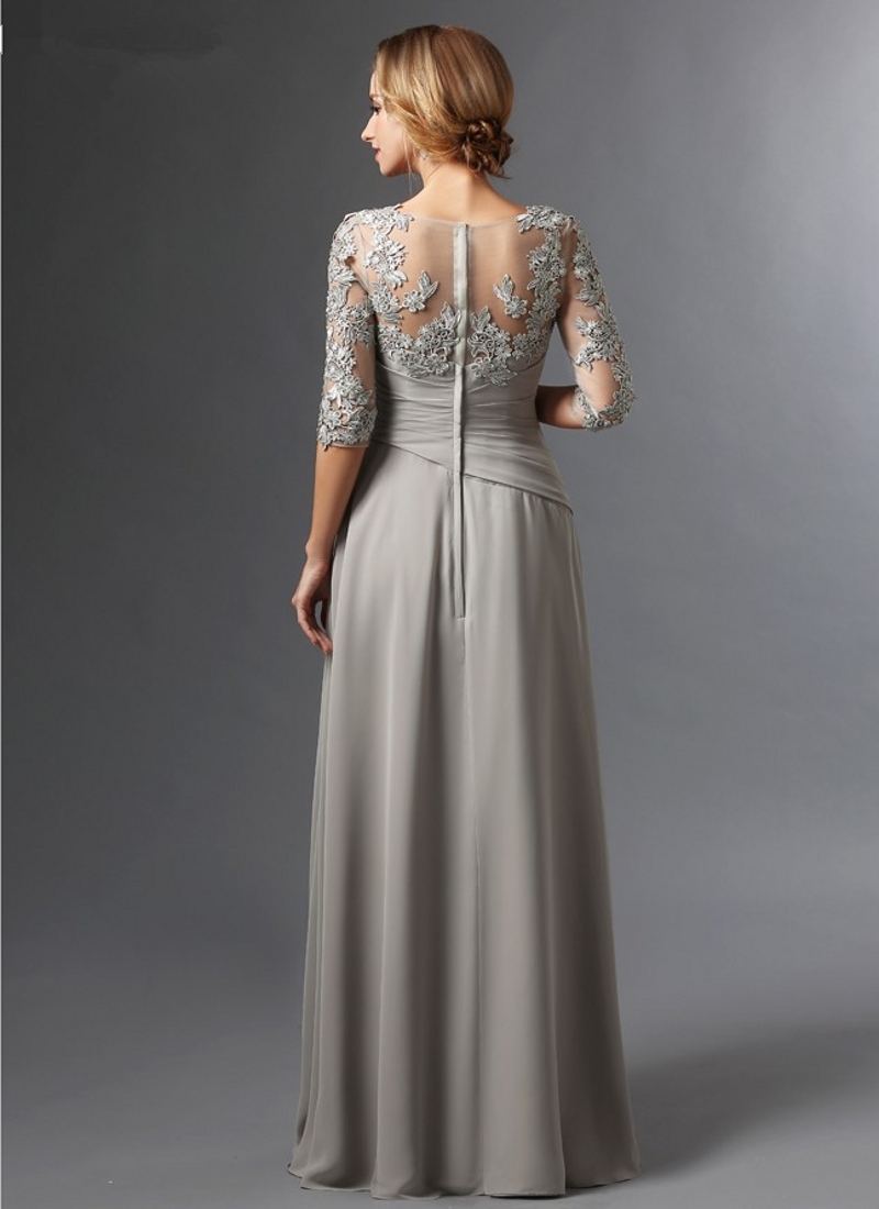 Silver Chiffon Mother Of The Bride Dresses A-line 3/4 Sleeves Lace Plus Size Long Elegant Groom Mother's Dresses