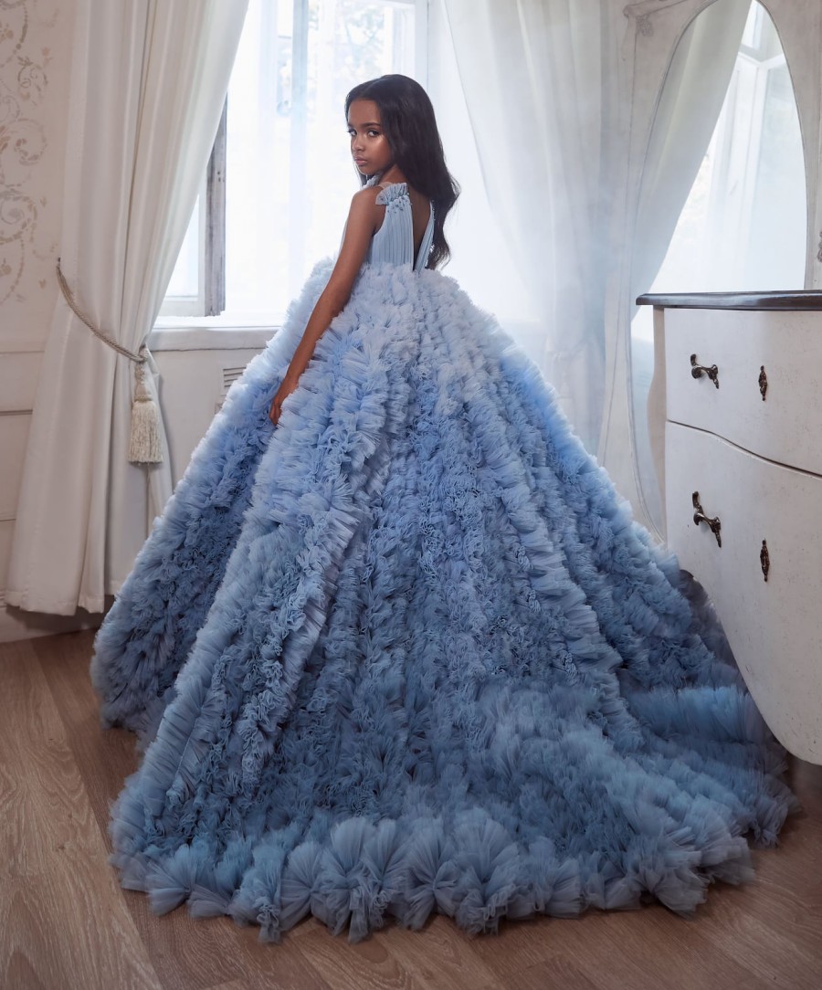 Light Sky Blue Ruffled Beaded Flower Girl Dresses For Wedding Backless Toddler Pageant Gowns Sweep Train Tulle Kids Prom Dress