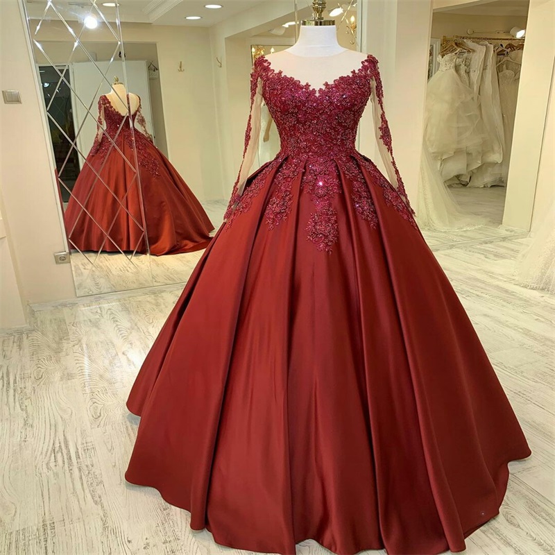 2020 Red Royal Illusion Prom Dresses Ruched Satin Jewel Long Sleeves Appliqued Bead Evening Dress Party Wear Custom Made Luxury Formal Gowns