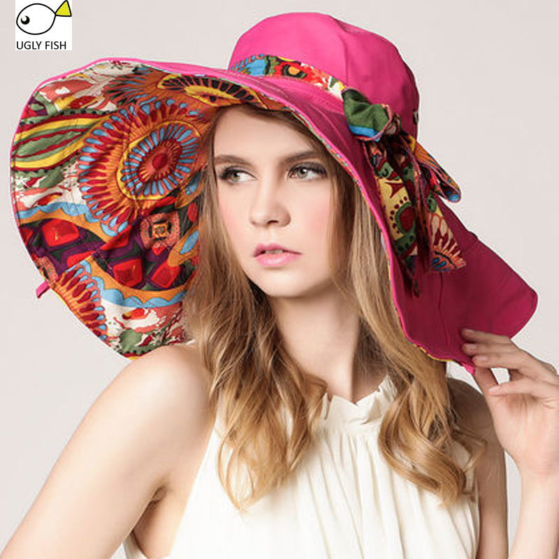 Sun Hats ! Hats Sun Hats For Women Summer Large Beach Hat Flower printed wide brim Y200619