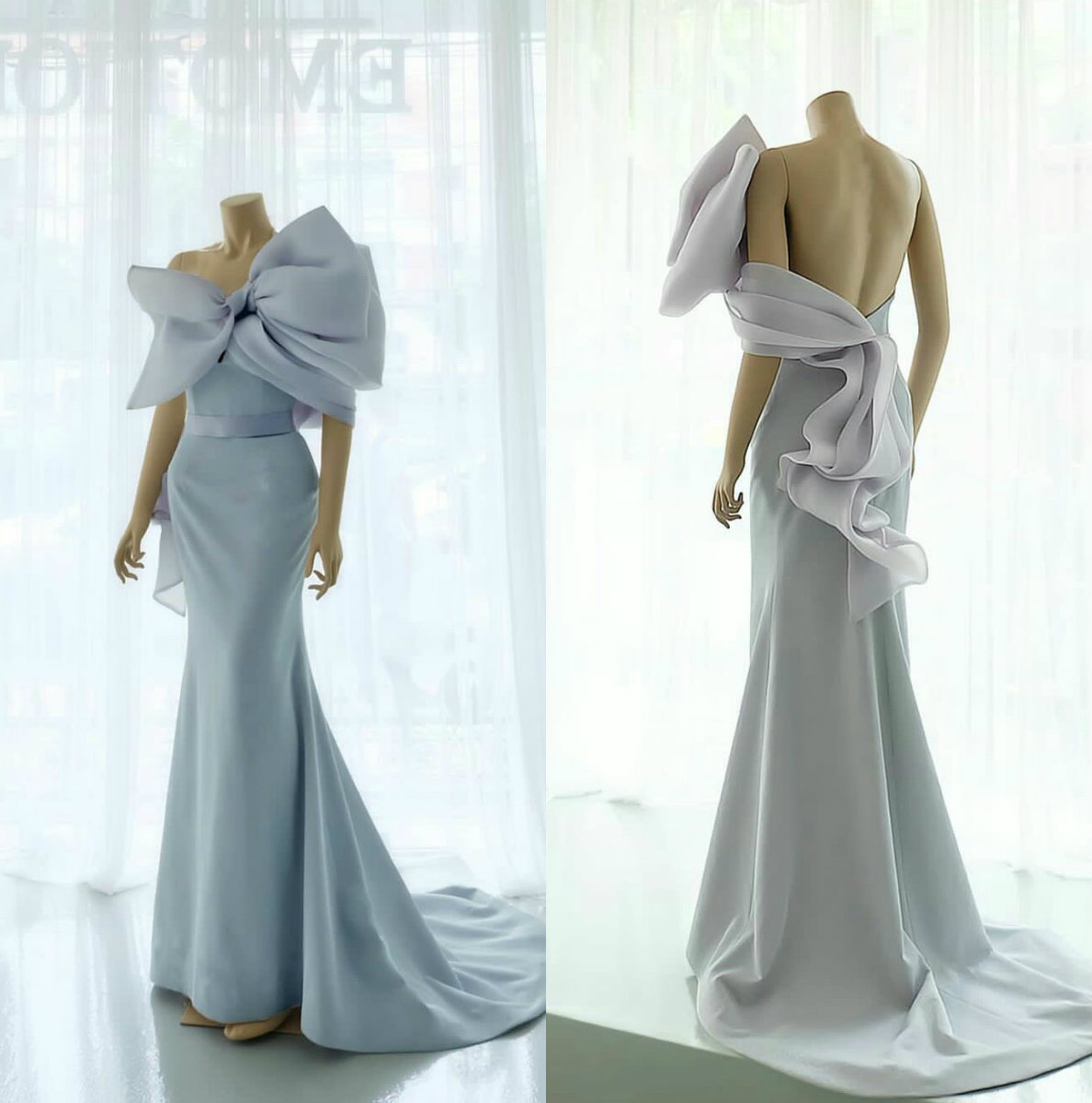 Light Blue Mermaid 2020 Prom Dresses Pleats Big Bow Neck Backless Evening Gown Glitter Satin Arabic Formal Party Dress