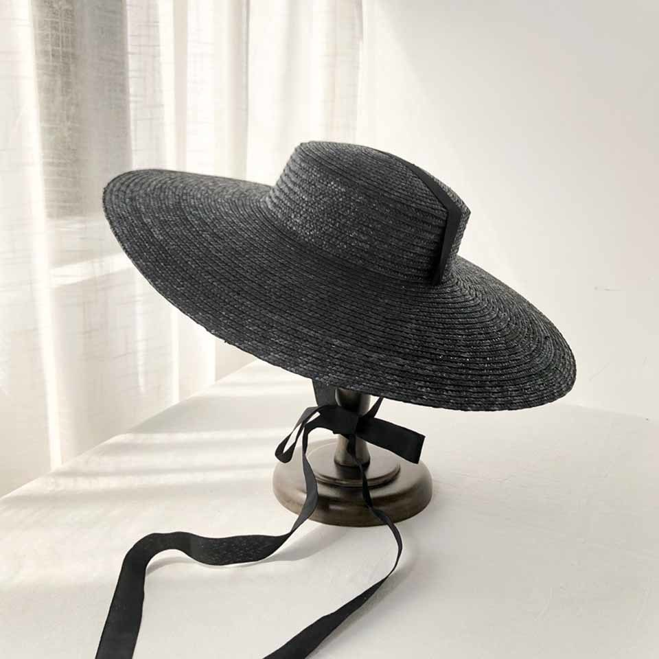 Large Brim Wheat Straw Hat Summer Hats For Women 10cm/15cm/18cm Brim With Black&White Ribbon Beach Cap Boater Flat Top Sun Hat Y200716