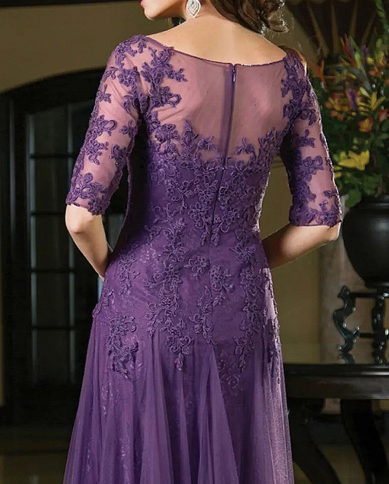 Sheer Neck Half Sleeve Mother Of The Bride Dresses Appliqu Groom Godmother Evening Dress For Wedding Party Prom Mother Gown