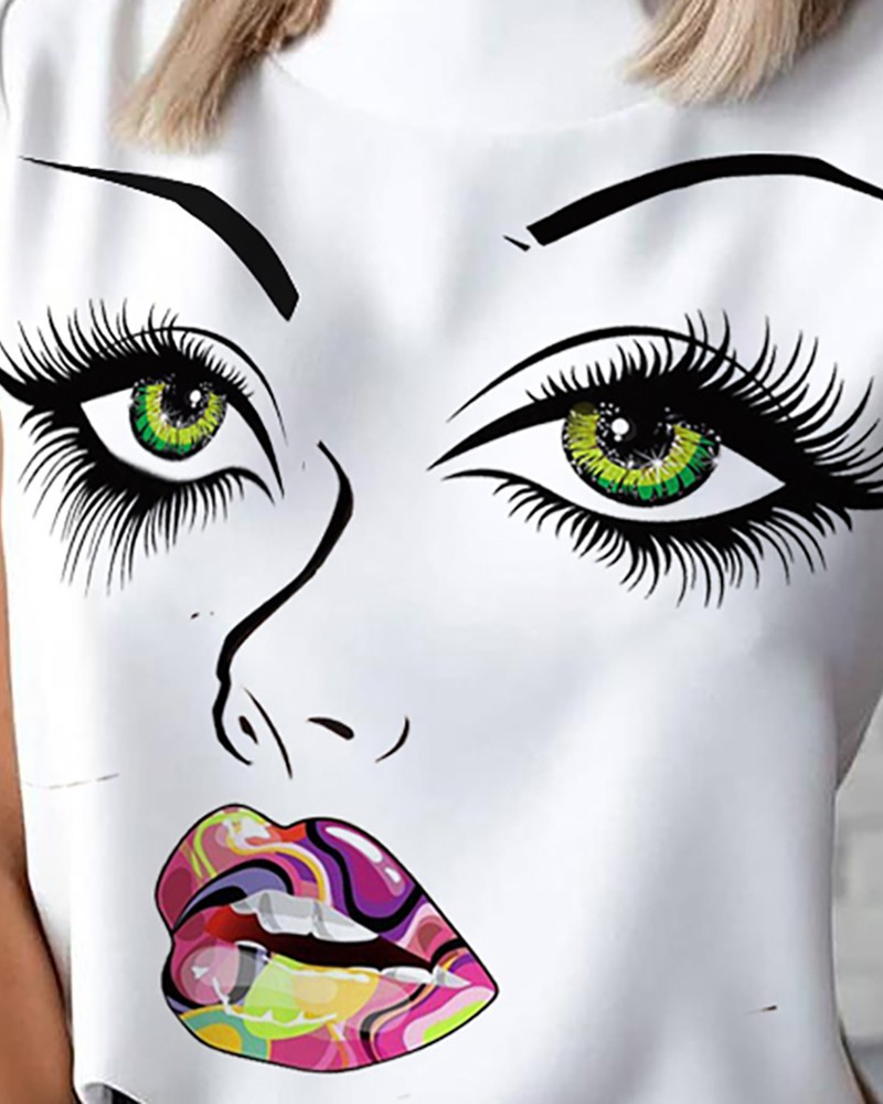 hot sale Fashion Short Pretty and cute Eye Lashes Red Lips Print Women t shirt Summer Casual Short Sleeve t-shirt Ladies White TShirt