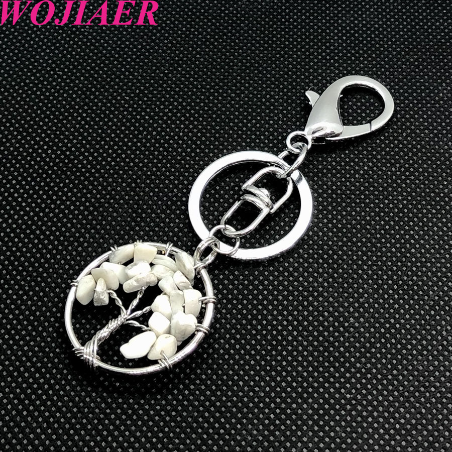 WOJIAER Natural Stone Clear Crystal Keychains Ring Key Handmade Holder Round Tree of Life for Women Car Bags Accessories BW911