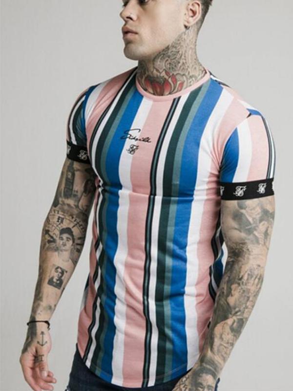 Summer Fashion Mens Street Hip-Hop Striped T-Shirt Sik Silk Printed Striped Round Neck Short Sleeve T-Shirt Polyester