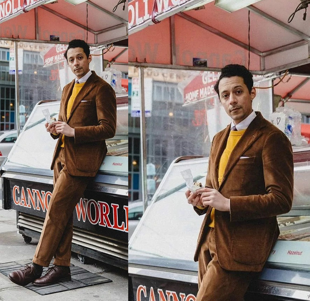Newest 2-piece(Coat+ Pant) Corduroy Brown Handsome Suits Custom Made Men Suits Tuxedos Peaked Lapel Blazer Party Formal Business Suit