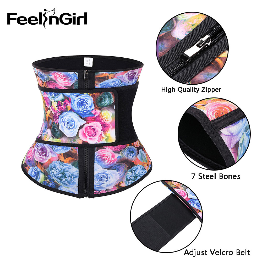 FeelinGirl Women 100% Latex Waist Trainer Fashion Rose Print Slimming Belt Tummy Control Body Shapers Underbust Waist Cincher CX200729