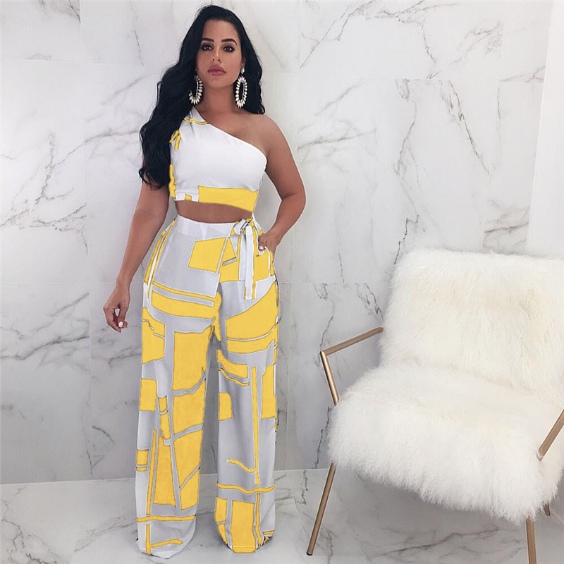 New Arrival Summer Two Piece Set Women One Shoulder High Waist Wide Leg Pants Printed Vintage Ladies Matching Set Outfits T200603