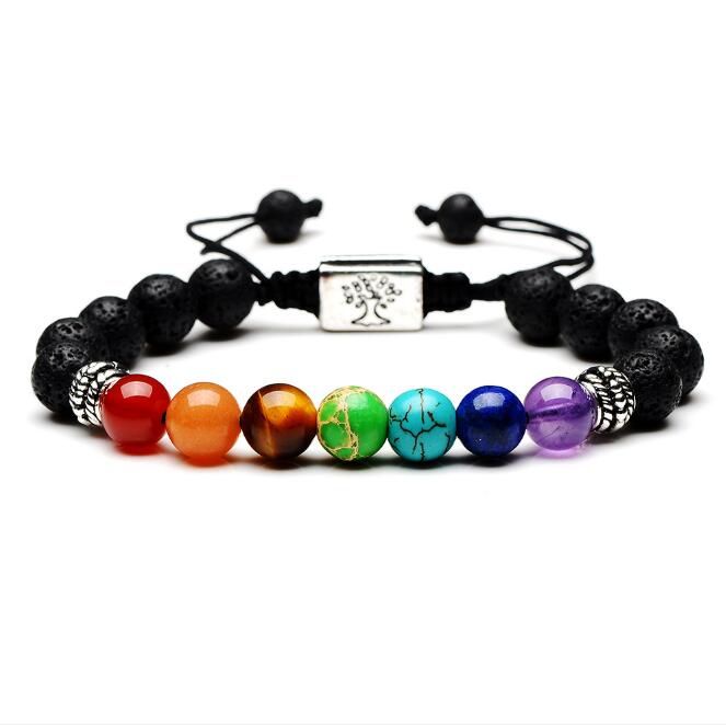 Yoga Handmade 7 Chakra Tree Of Life Charm Bracelets Lava Stones Beads Rope Black volcanic stone Bracelet GD413