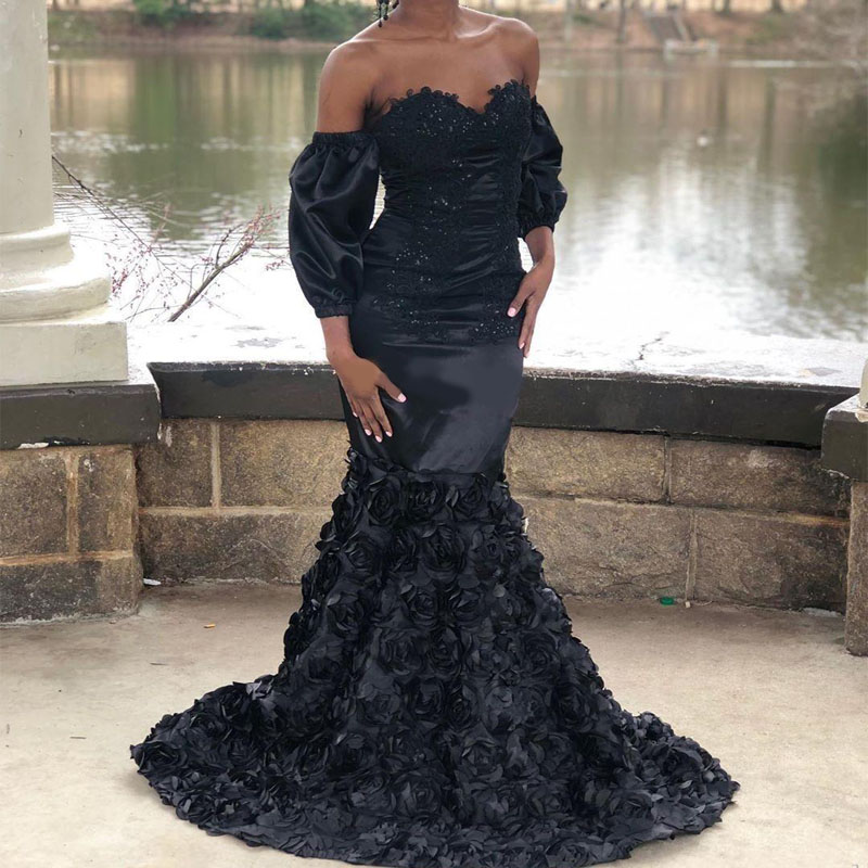 Black Mermaid Evening Dresses Off Shoulder 3/4 Long Sleeve Sweep Train 3D Floral Appliques Beads Women Formal Prom Gowns vestidos de fiesta