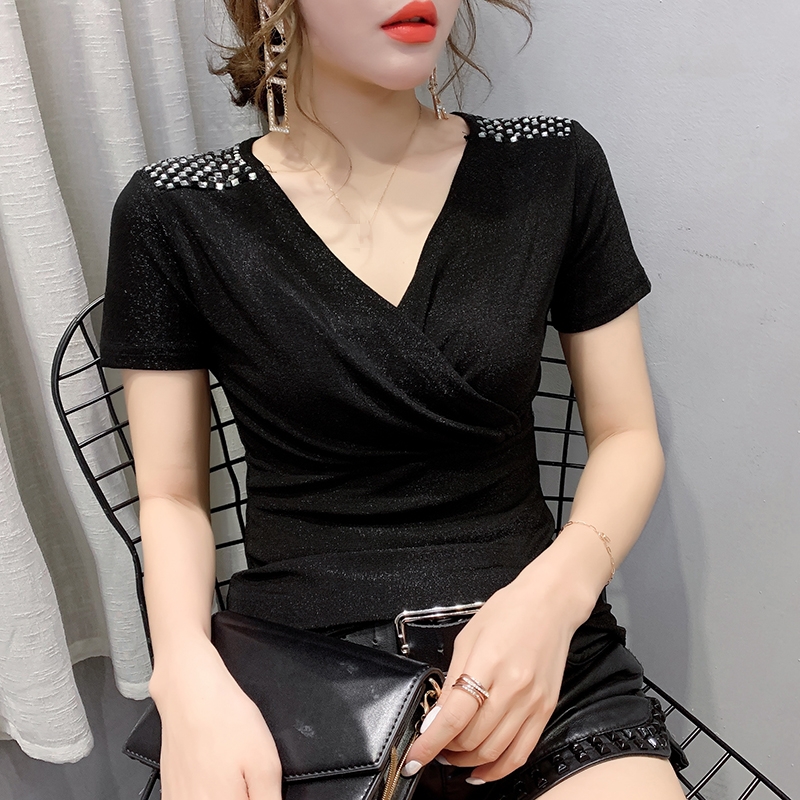Summer Fashion Korean Clothes T-shirt Sexy Shiny V-Neck Diamonds Women Tops Ropa Mujer Short Sleeve Bright Gold Tees 2020 T03507, Black tshirt
Summer Fashion Korean Clothes T-shirt Sexy Shiny V-Neck Diamonds Women Tops Ropa Mujer Short Sleeve Bright Gold Tees 2020 T03507, Black tshirt