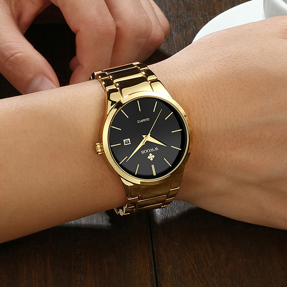relojes hombre 2020 WWOOR Gold Watch Men Luxury Mens Quartz Wristwatch Business Watch Stainless Steel Waterproof Auto Date Clock CX200804