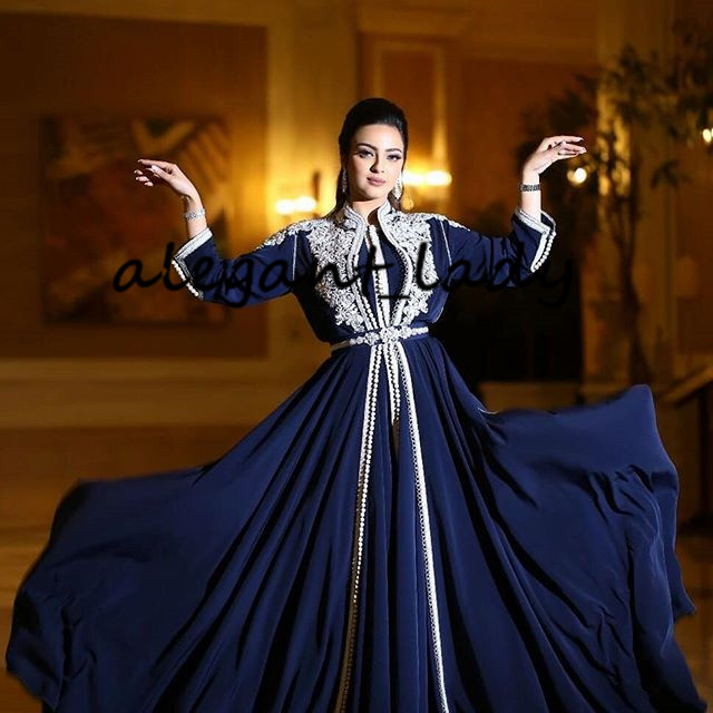 Navy Blue Kaftan Caftan Moroccan Evening Formal Dresses 2021 Lace Embroidery Long Sleeve Muslim Arabic Prom Fashion Dress