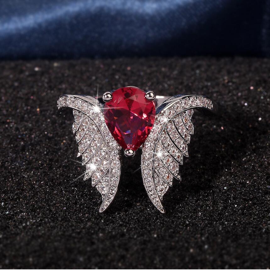 2020 Super New Arrival Sparkling Luxury Jewelry 925 Sterling Silver Water Drop Pear Cut Ruby CZ Diamond Women Wedding Angle Wings Ring Gift