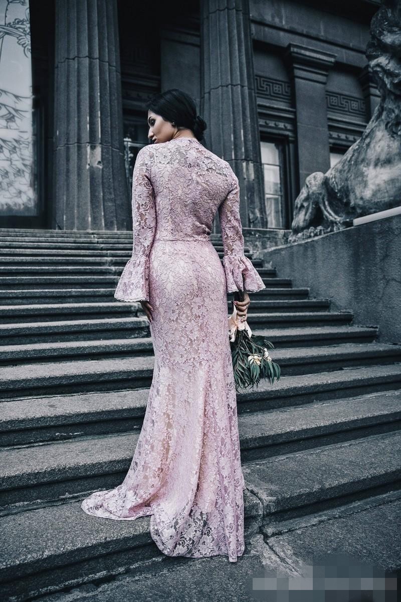 Pink Black Lace Bridesmaid Dresses 2020 Scalloped High Neck Long Juliet Sleeves Mermaid Maid of Honor Gown Wedding Guest Formal Evening Gown
