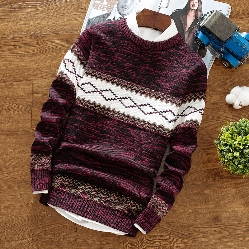 Spring and autumn men's round neck pullover warm casual knit bottoming shirt, trend personality slim striped youth wild sweater MX200711