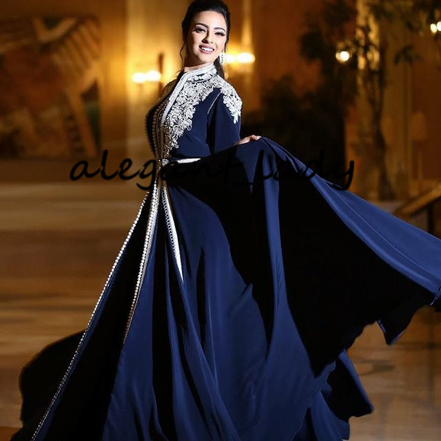 Navy Blue Kaftan Caftan Moroccan Evening Formal Dresses 2021 Lace Embroidery Long Sleeve Muslim Arabic Prom Fashion Dress