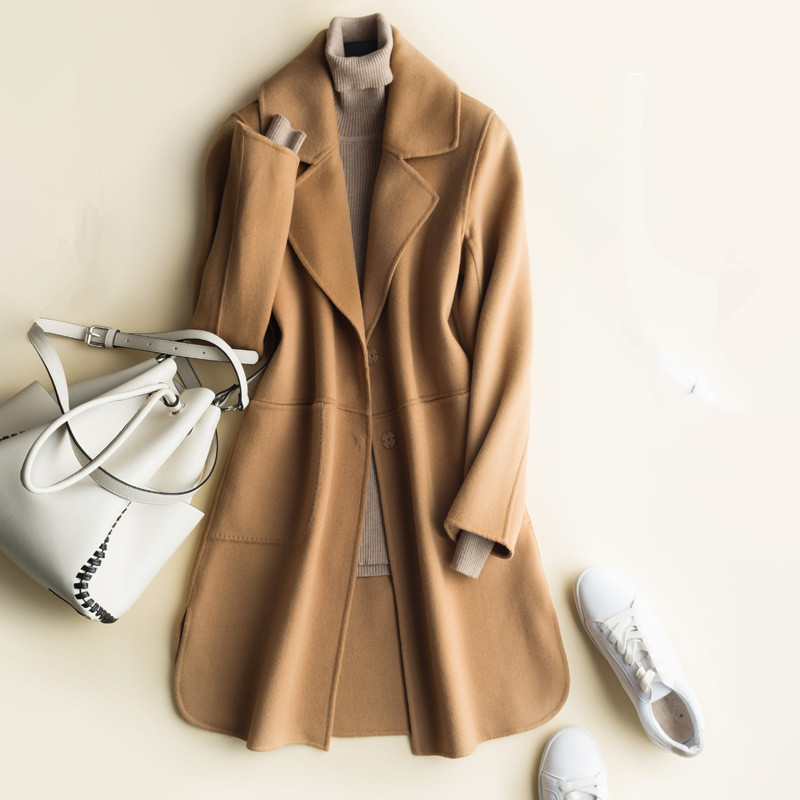 High Quality Autumn Winter Double-Sided Cashmere Coat Women Jacket Long Slim Wool Suit Collar Solid Cardigan Female Outwear T200315