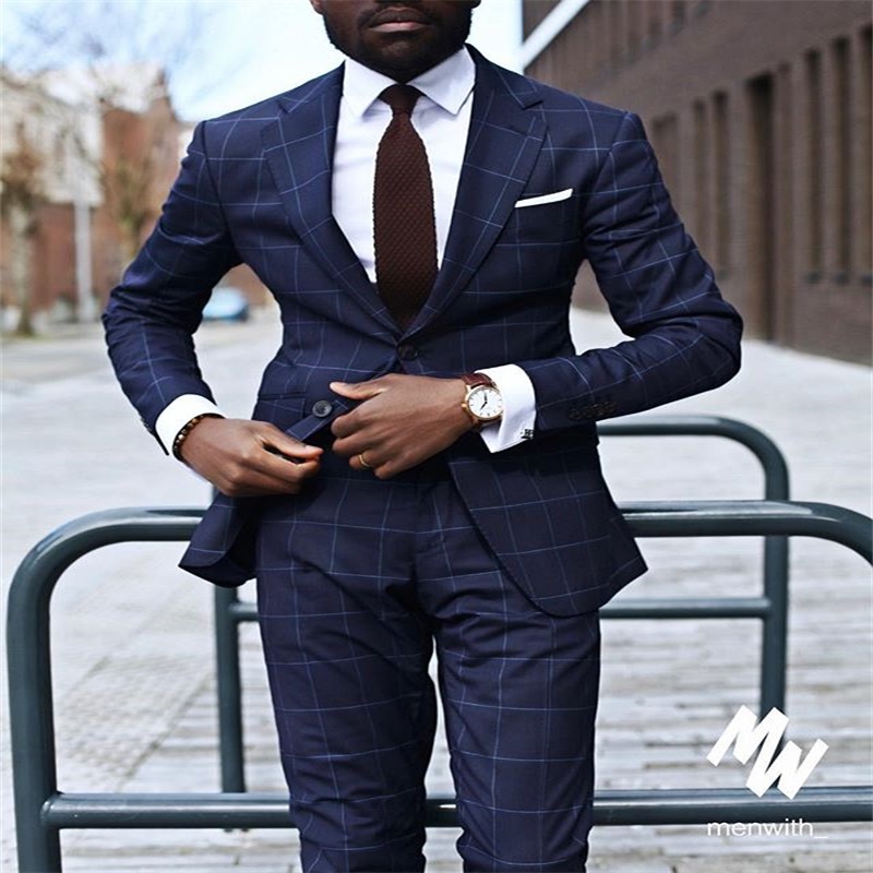 newest handsome newest 2piece navy plaid formal groom suit peaked lapel blazer suits tuxedos custom made two button business men suits