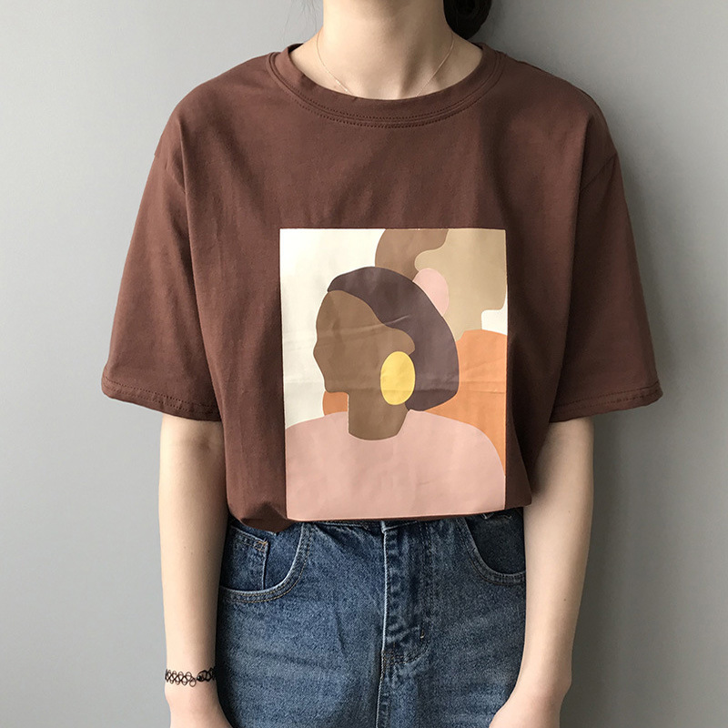 Fanco Vintage Abstract Painting Summer Women T Shirt Short Sleeved Korean Style Thin Round Neck Tee Shirt Tops MX200721