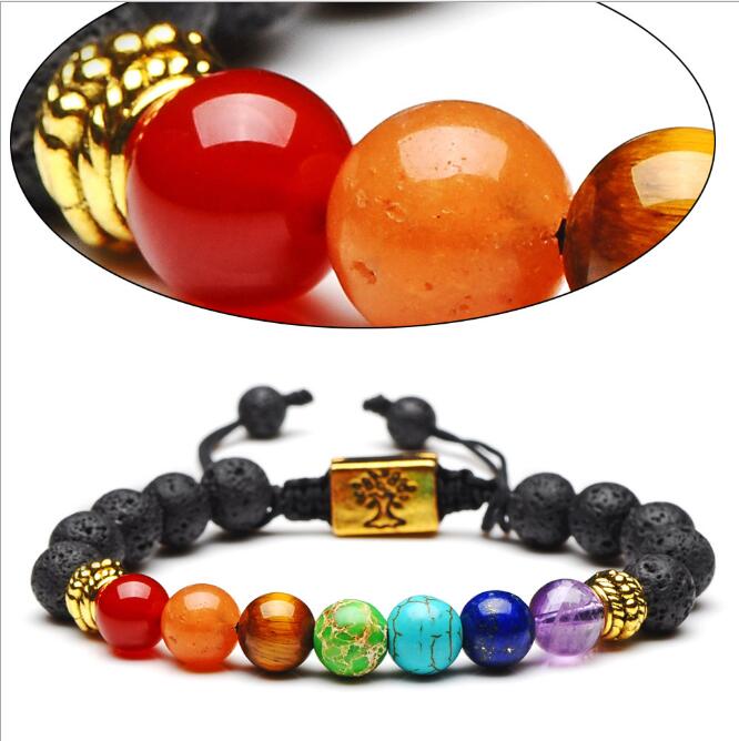 Yoga Handmade 7 Chakra Tree Of Life Charm Bracelets Lava Stones Beads Rope Black volcanic stone Bracelet GD413