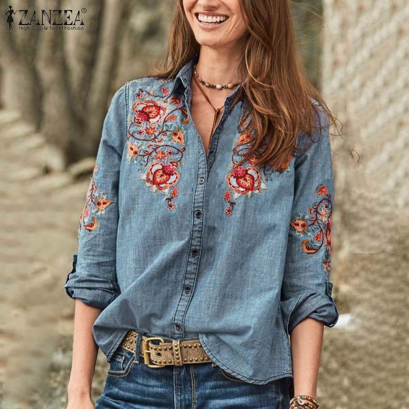 Women's Embroidery Blouse 2019 Elegant Denim Blue Shirts Long Sleeve Chemise Female Button Down Blusa Tunic Plus Size Top T200321