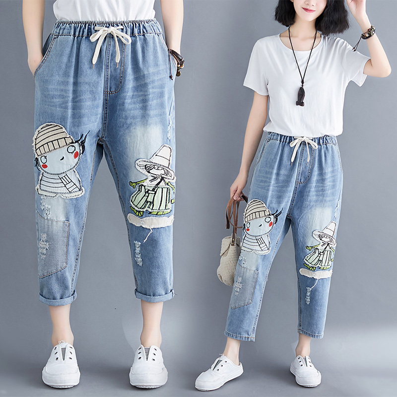 Women Fashion Korea Style Cartoon Print Girl Patchwork Vintage Bleached Elastic Waist Ankle Length Jeans Sweet Casual Harem Pant, Blue
Women Fashion Korea Style Cartoon Print Girl Patchwork Vintage Bleached Elastic Waist Ankle Length Jeans Sweet Casual Harem Pant, Blue