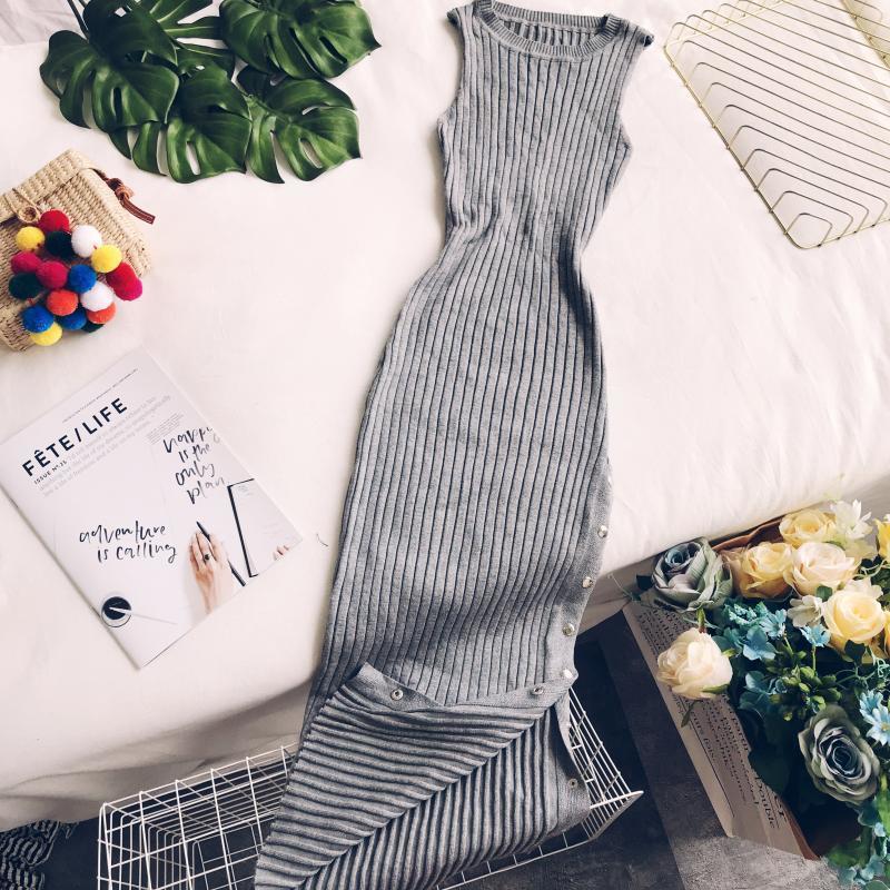 Gaganight Autumn Winter Women Maxi Dress Knitted Sleeveless Split Elegant Slim Bodycon Dresses Female Solid Straight Striped 201110