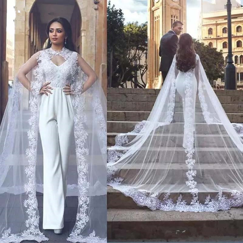 Robe Soiree Dubai White Jumpsuits Wedding Dresses With Long Lace Wrap V Neck Backless Lace Appliqued Wedding Bridal Gowns